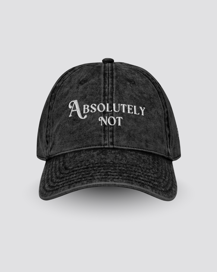 Black cap with 'Absolutely Not' text on a light gray background