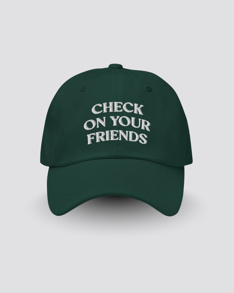 Green cap with 'Check on your friends' text on a light gray background
