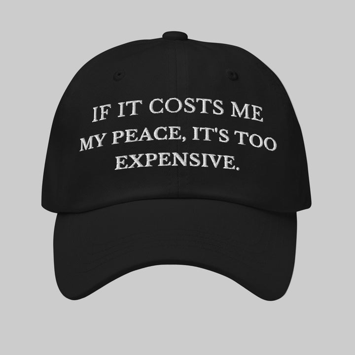 Black cap with white text on a light gray background