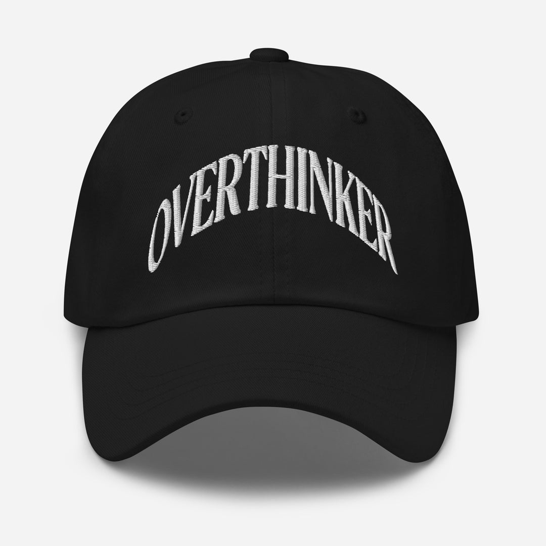 Black cap with 'OVERTHINKER' text on a white background