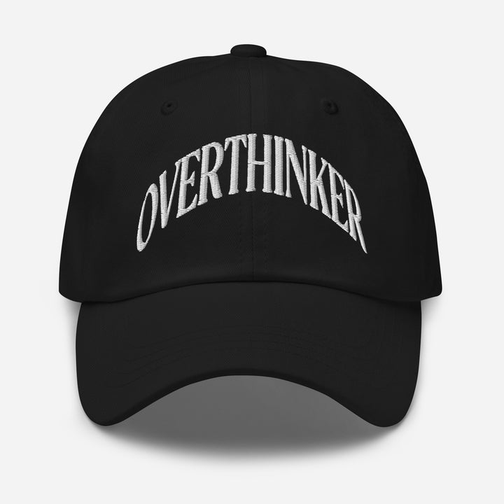 Black cap with 'OVERTHINKER' text on a white background