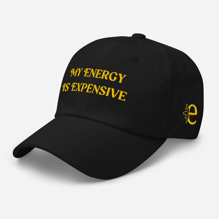 Black cap with yellow text and logo on a white background