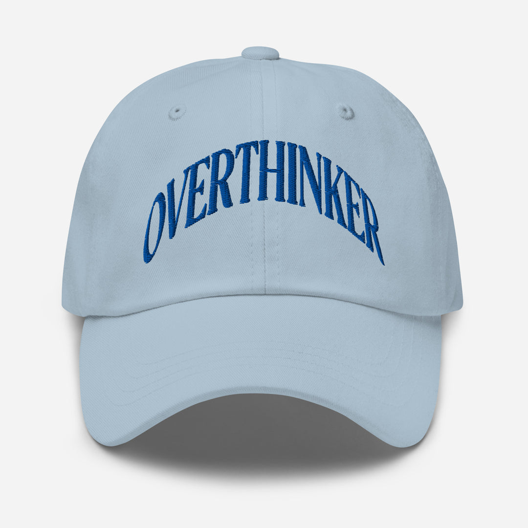 Light blue cap with 'OVERTHINKER' text on a white background