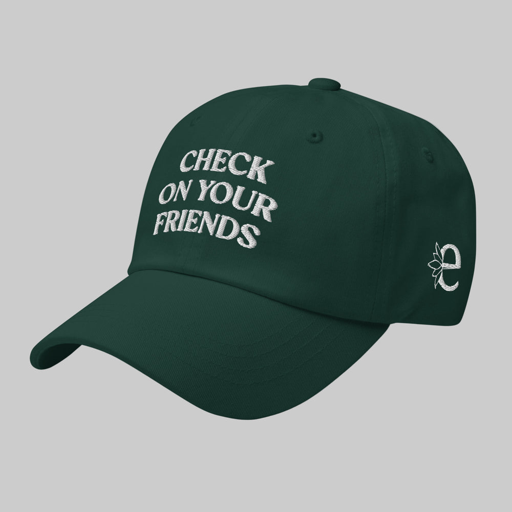 Green cap with 'Check on your friends' text on a light gray background