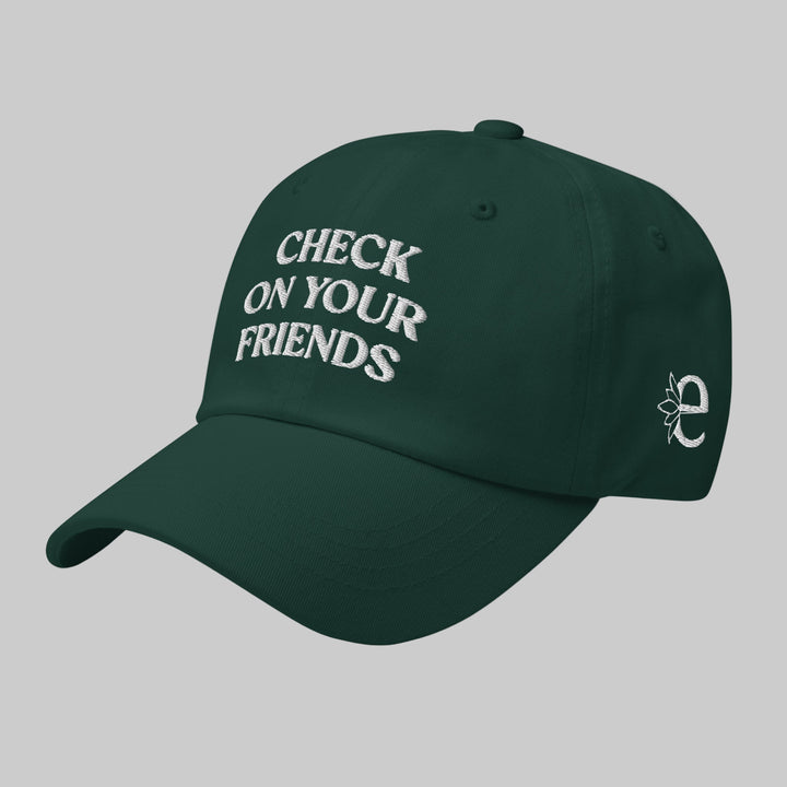 Green cap with 'Check on your friends' text on a light gray background