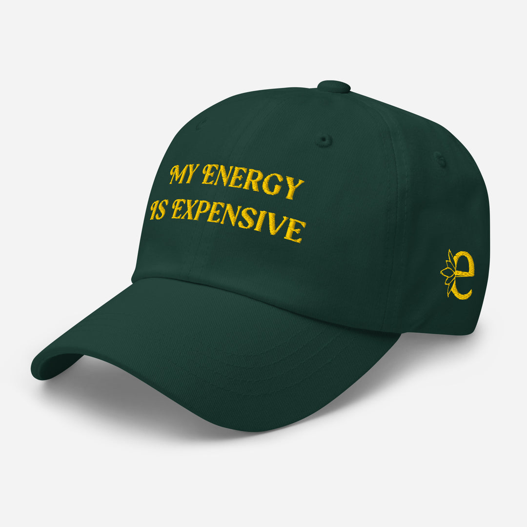 Green cap with yellow text 'My Energy is Expensive' on a white background