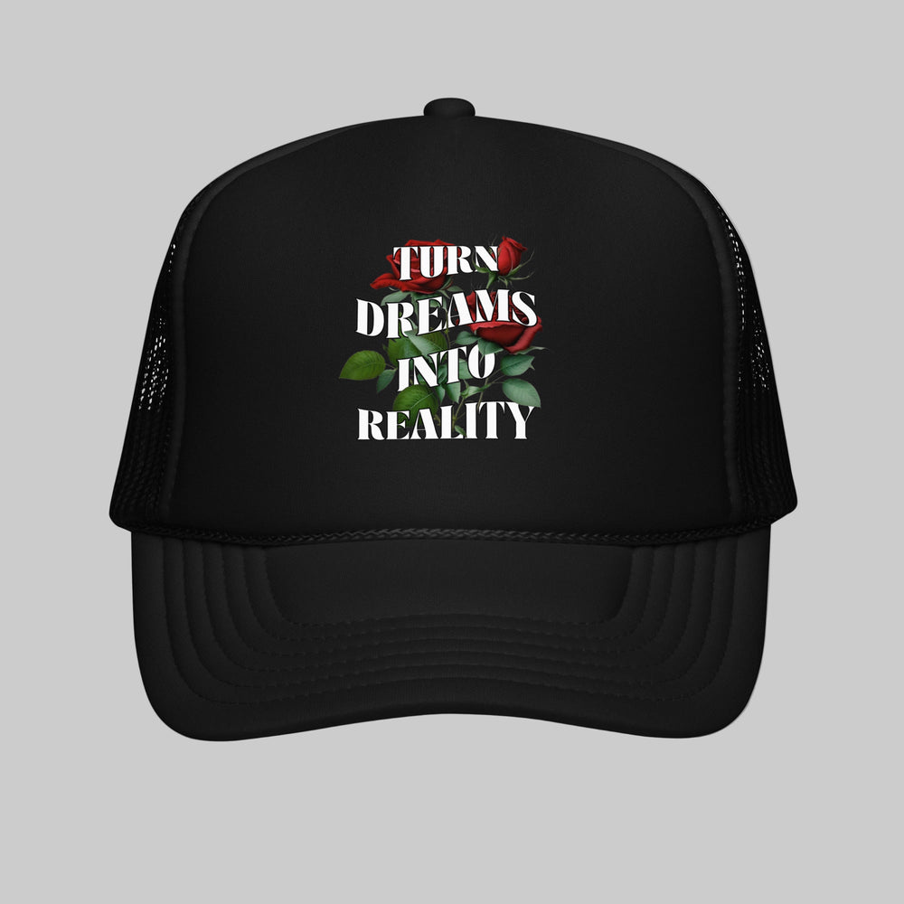 Black trucker hat with motivational quote and roses on a white background