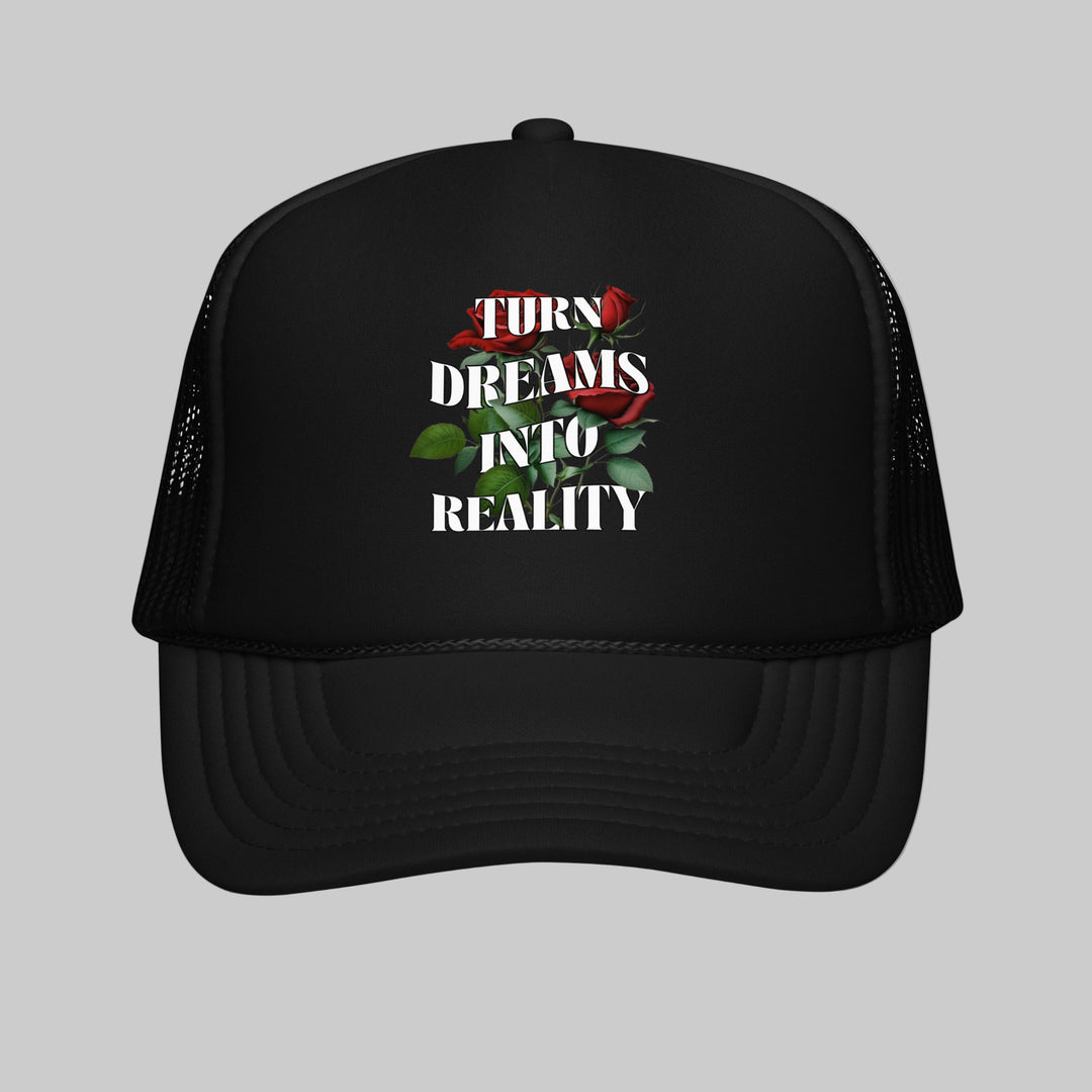 Black trucker hat with motivational quote and roses on a white background