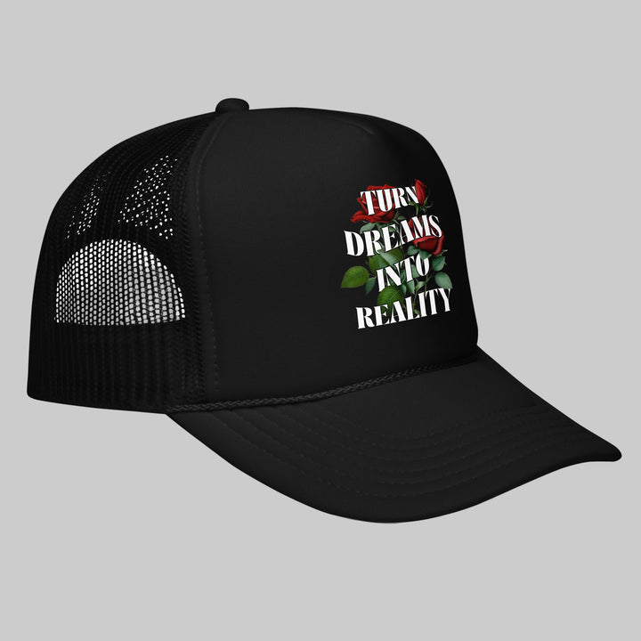 Black trucker cap with motivational quote on a white background