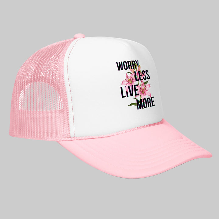 Pink and white cap with floral text design on a white background