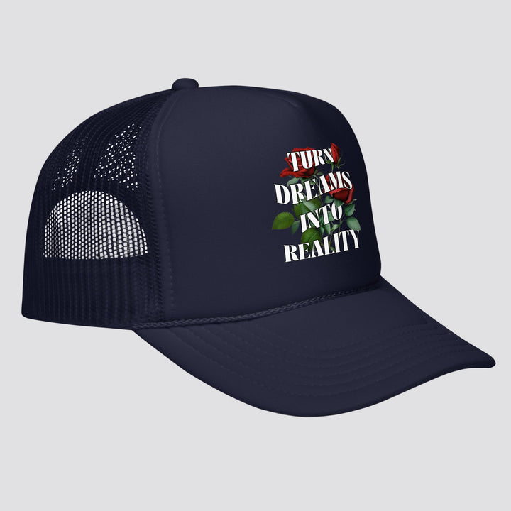Navy blue trucker cap with motivational quote on a white background