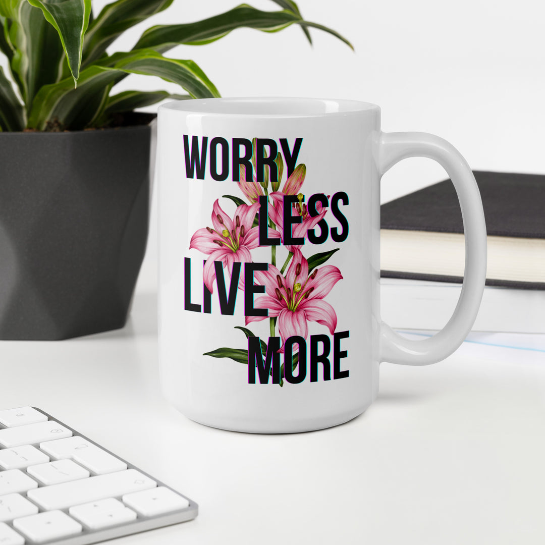 The Worry Less Live More Mug, a mental health coffee mug designed to inspire daily positivity and self-care.