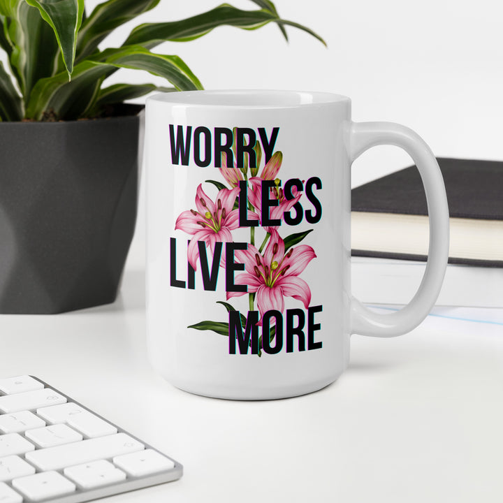 The Worry Less Live More Mug, a mental health coffee mug designed to inspire daily positivity and self-care.