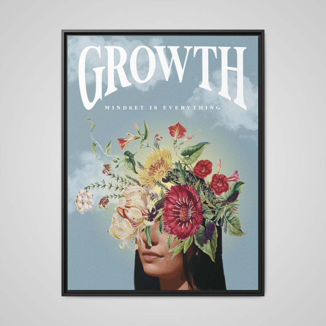 Growth Mindset Is Everything framed canvas wall art by Stay Esy, woman with botanical flower crown, sky blue background, black frame