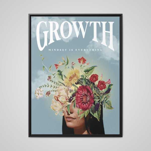 Growth Mindset Is Everything framed canvas wall art by Stay Esy, woman with botanical flower crown, sky blue background, black frame