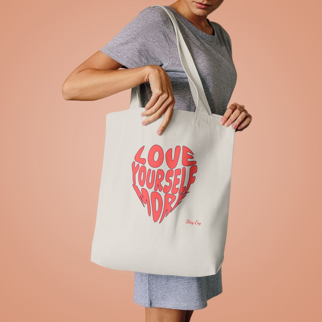 Love Yourself More Heart Tote Bag — Inspirational Cotton Shopper