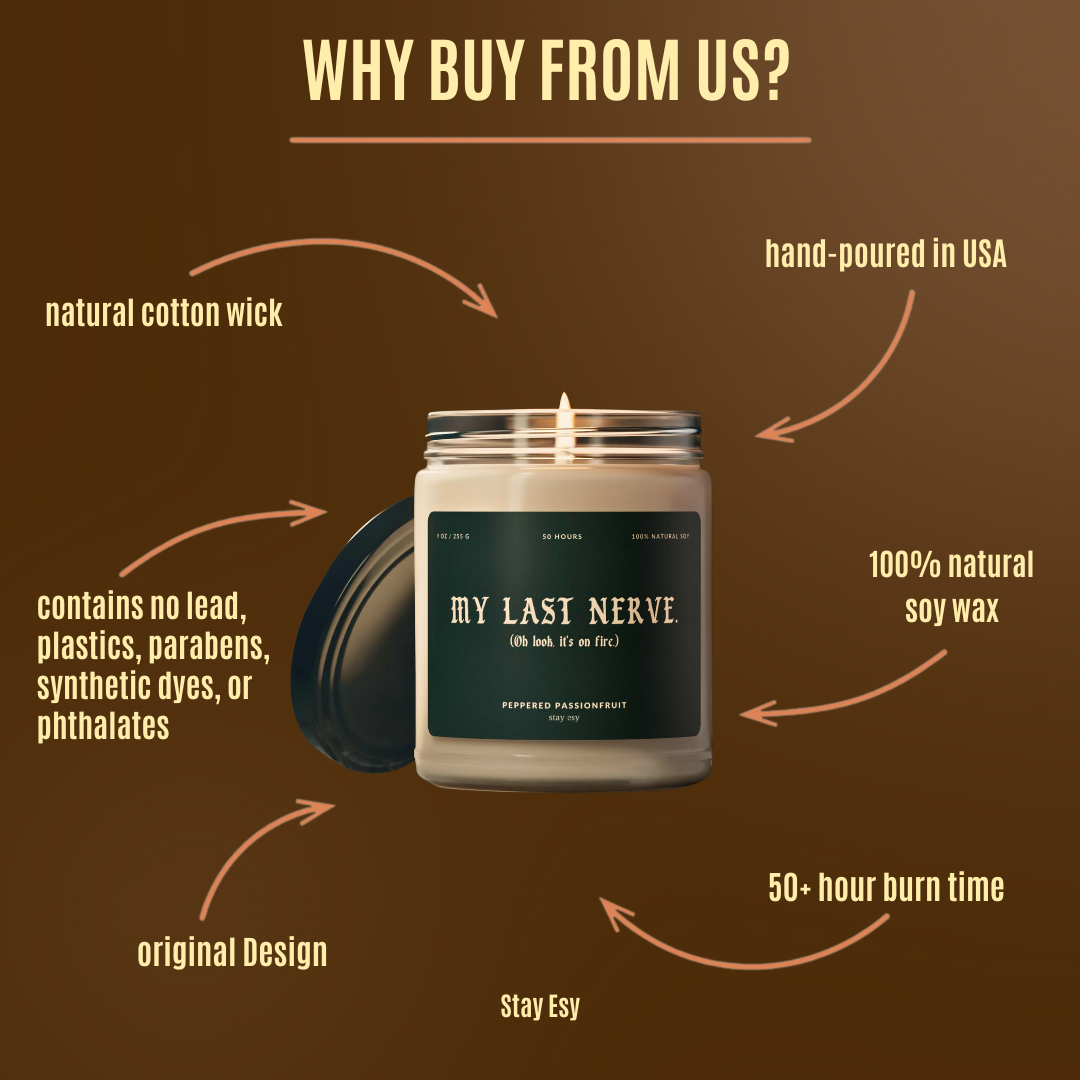 Candle with 'My Last Nerve' branding on a brown background with text highlighting product features.