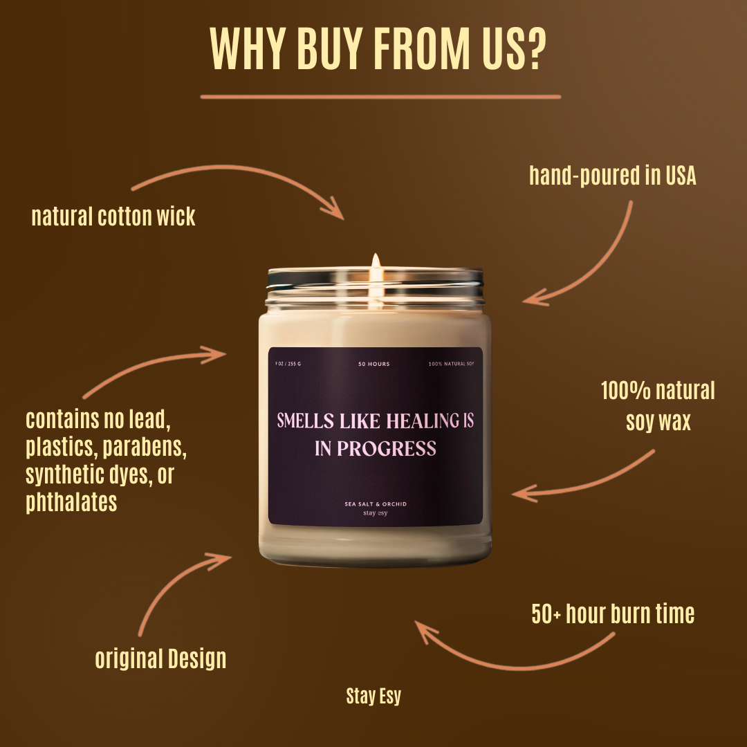 Candle with a label on a brown background, listing features of the candle.