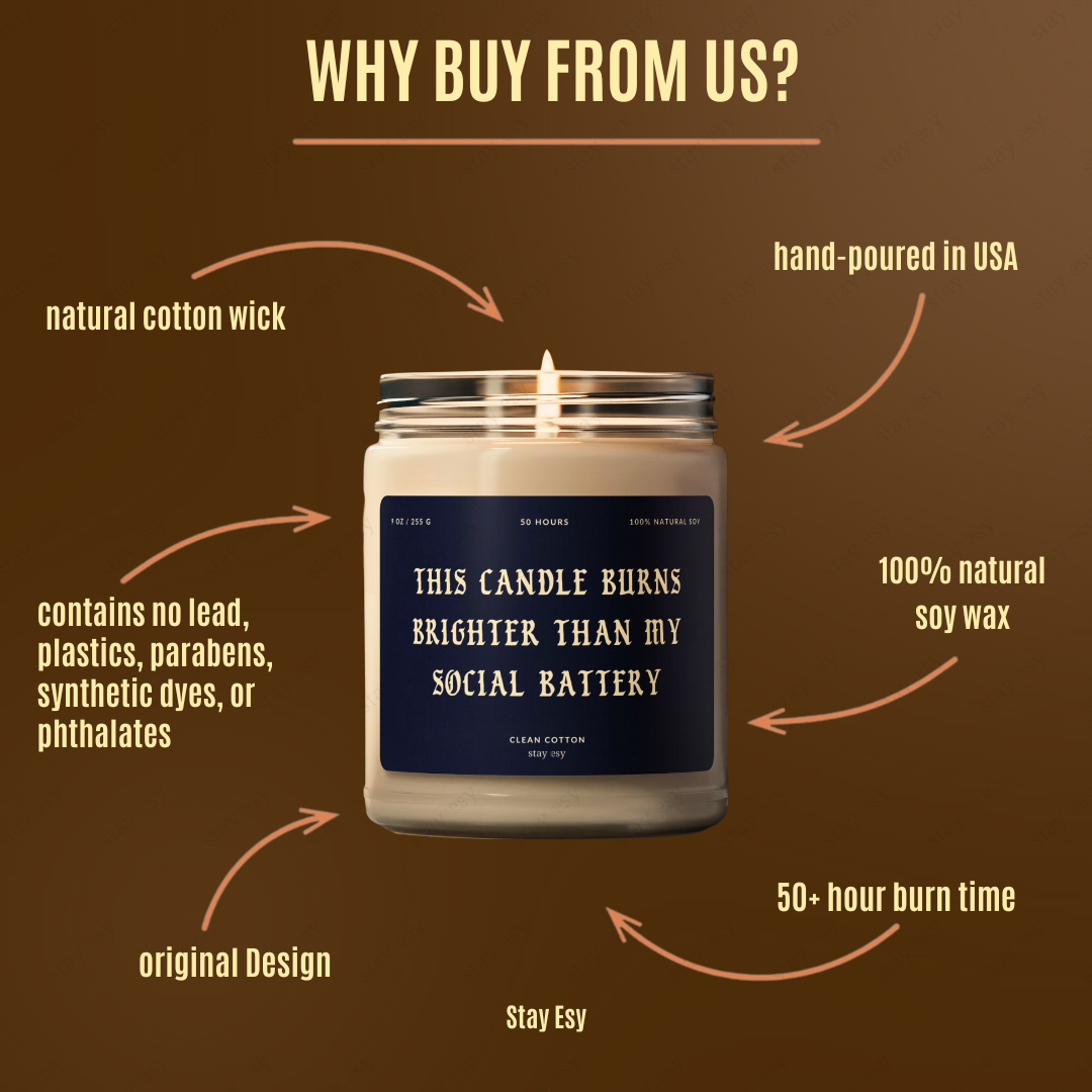 Candle with label on a brown background with text highlighting features