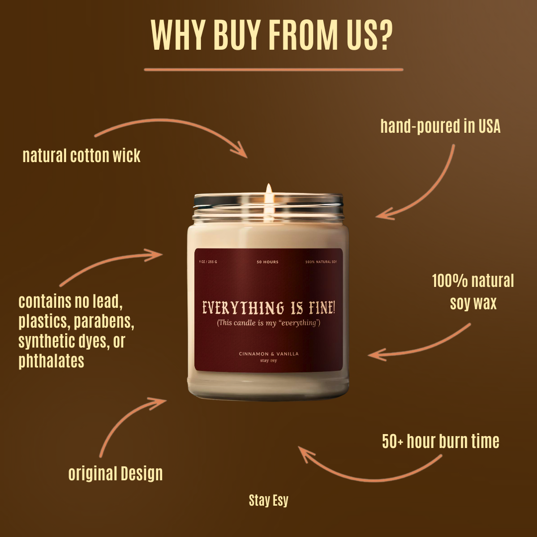 Candle with a label on a brown background with text highlighting features.