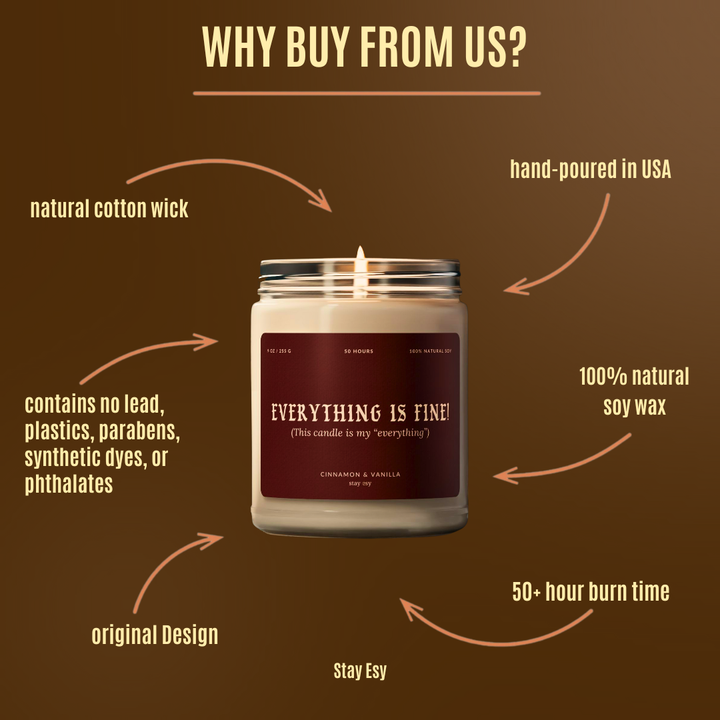Candle with a label on a brown background with text highlighting features.