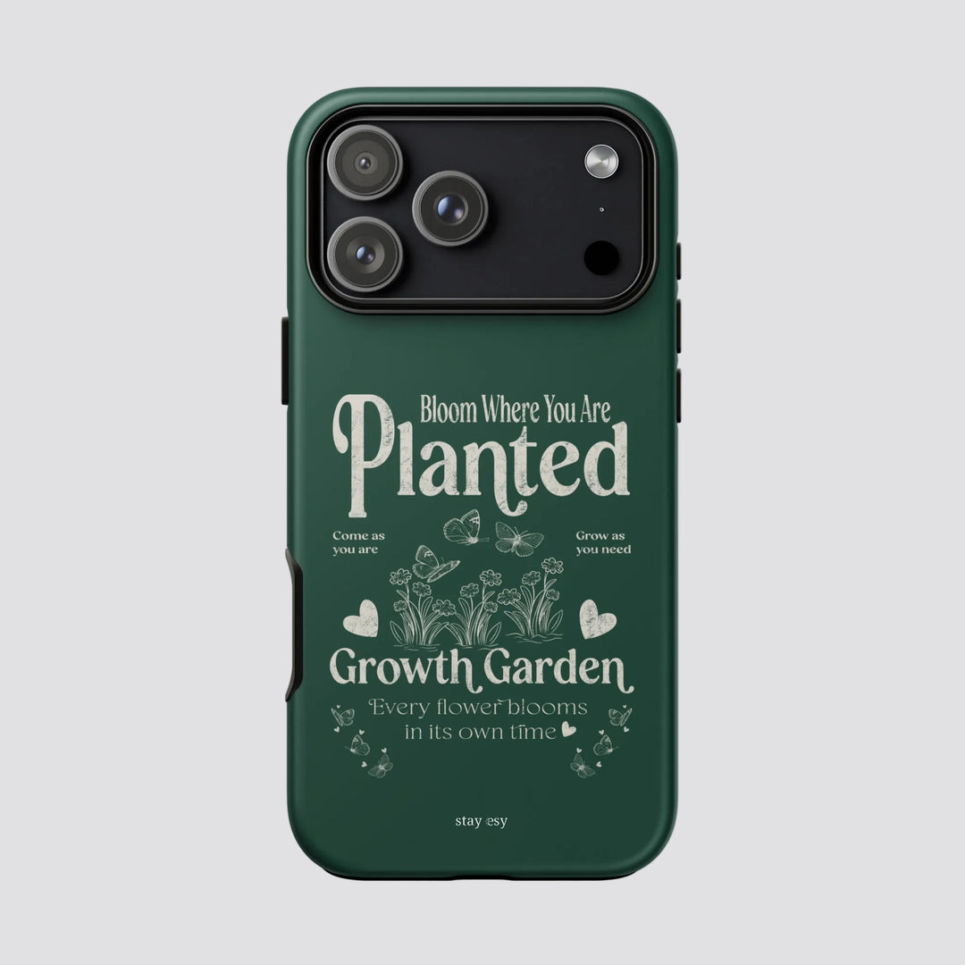 Bloom Where You Are Planted forest green tough iPhone case with growth garden illustration by Stay Esy
