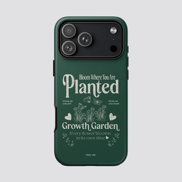 Bloom Where You Are Planted forest green tough iPhone case with growth garden illustration by Stay Esy
