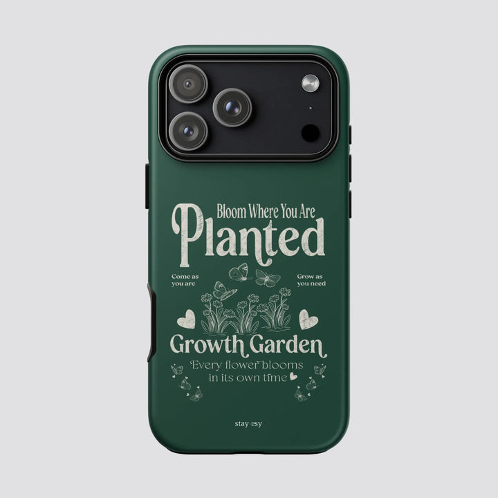 Bloom Where You Are Planted forest green tough iPhone case with growth garden illustration by Stay Esy
