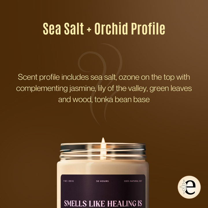 Candle with a label on a brown background, featuring text about the scent profile.