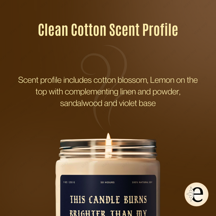 Candle with a label on a brown background, featuring text about the scent profile.