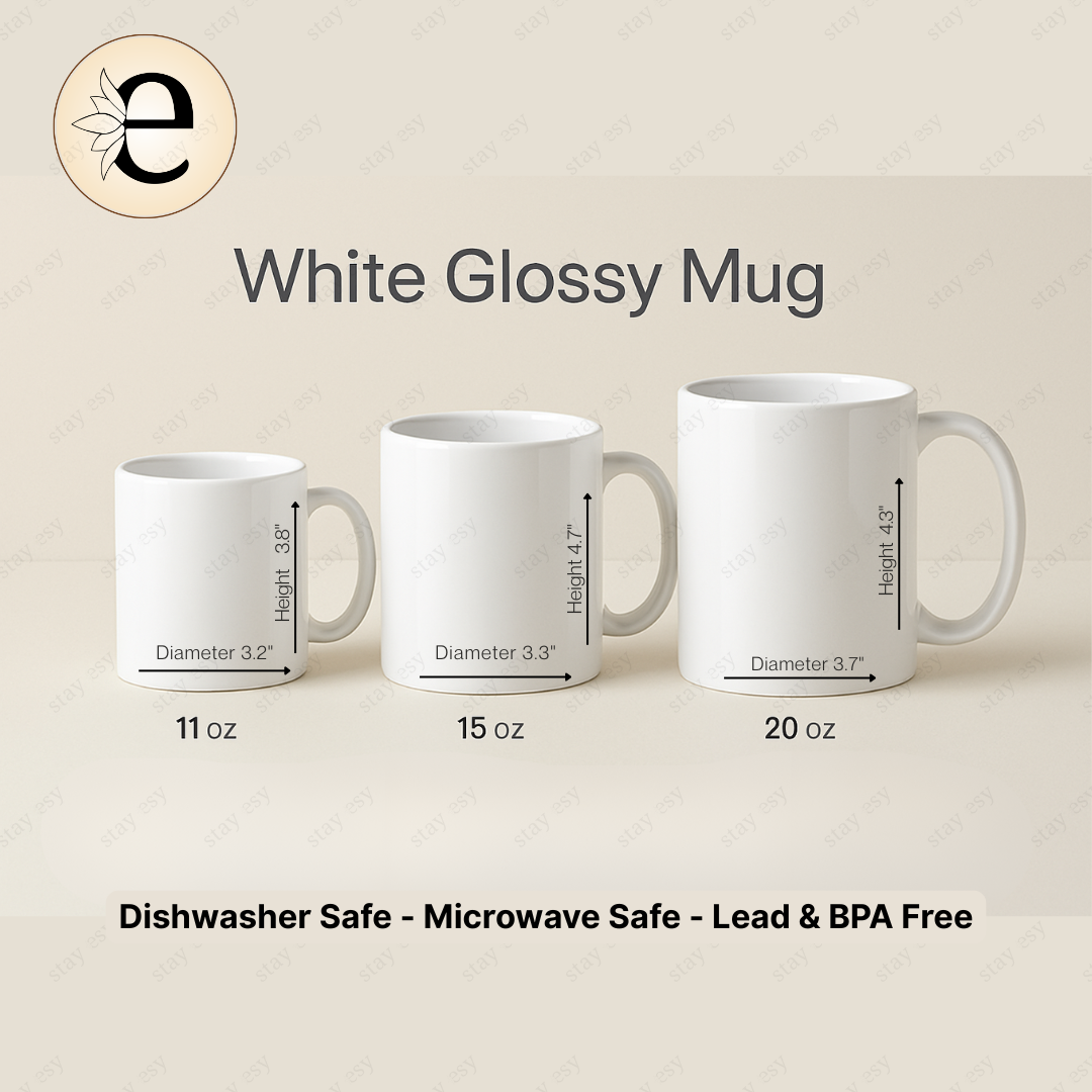 Three white glossy mugs with measurements and safety information on a beige background