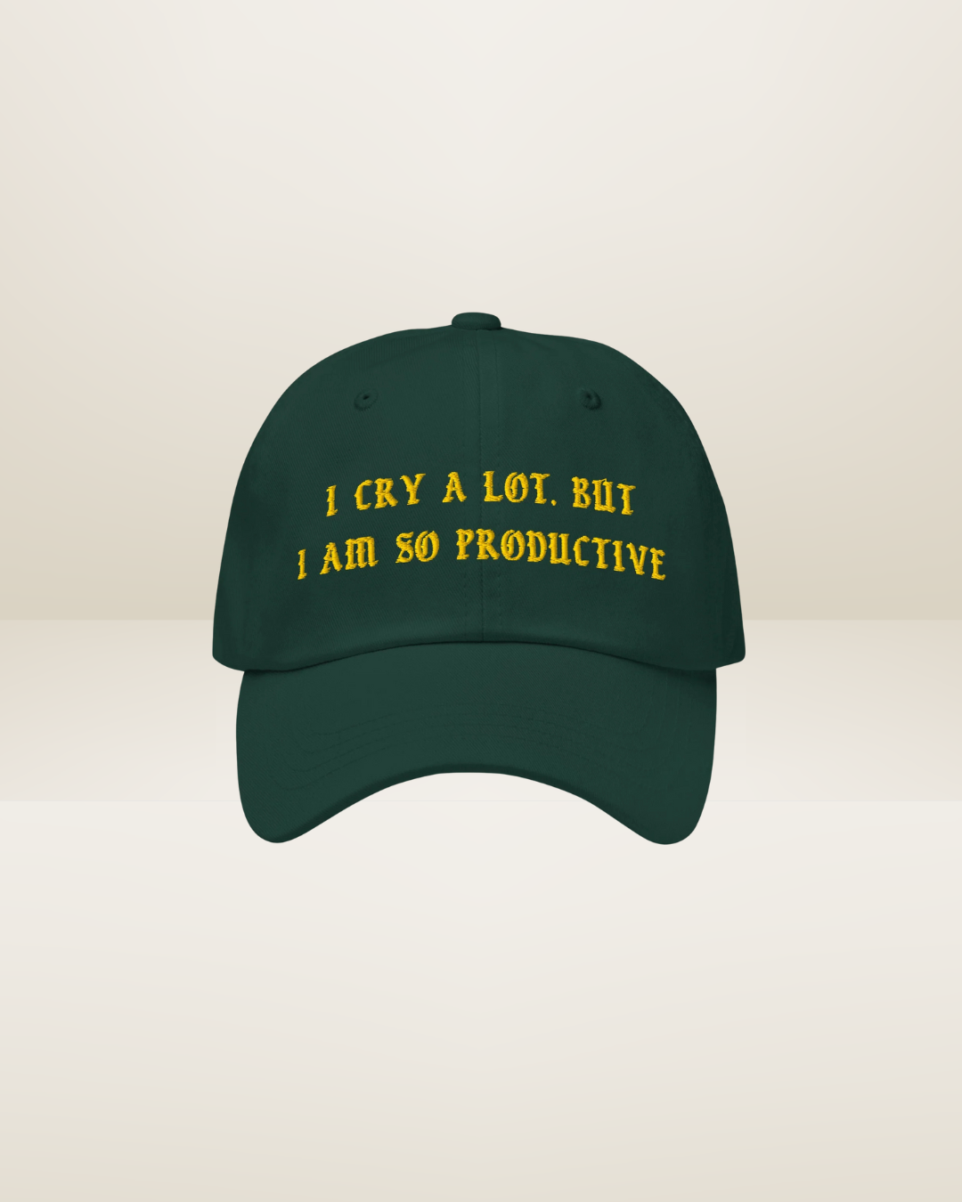 Green cap with yellow text on a beige background
