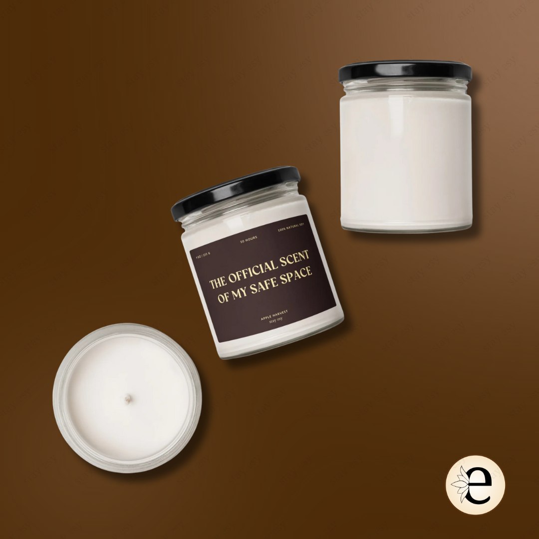 Three candles with labels on a brown background