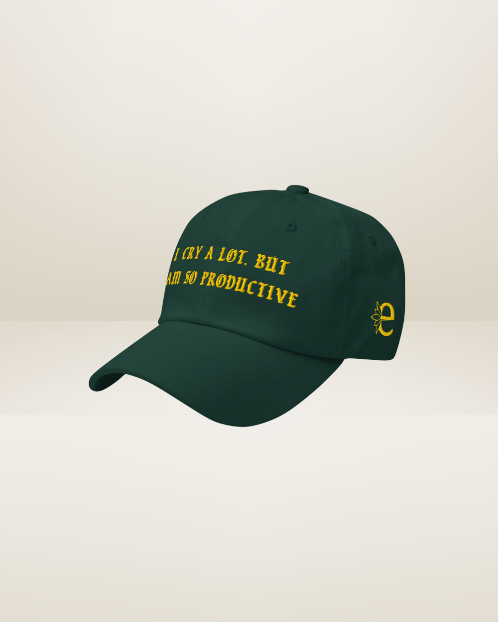 Green cap with yellow text on a beige background