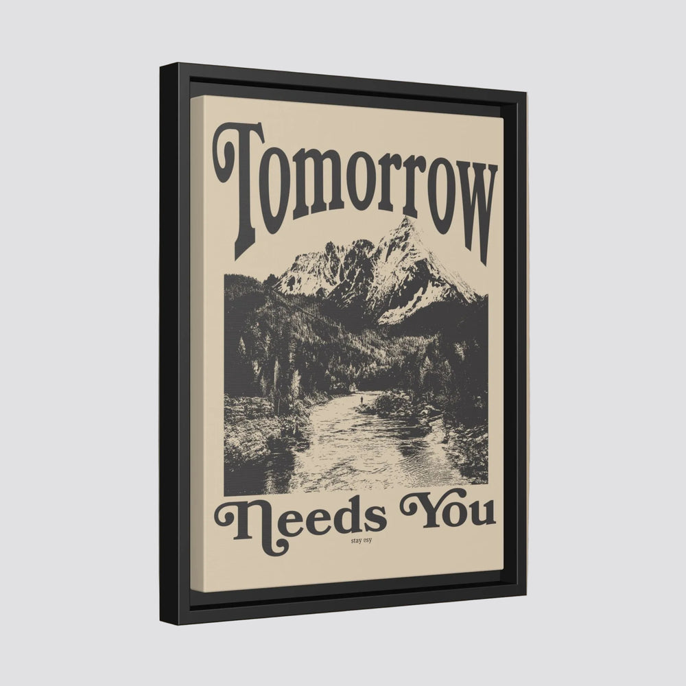 Tomorrow Needs You framed canvas wall art by Stay Esy, vintage mountain river landscape, tan and charcoal, black frame