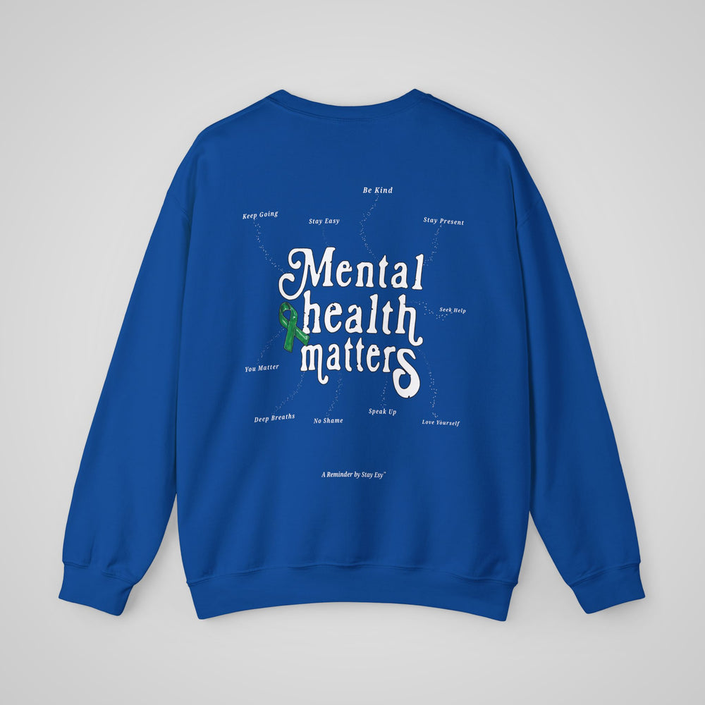 Blue sweatshirt with 'Mental health matters' text on a gray background