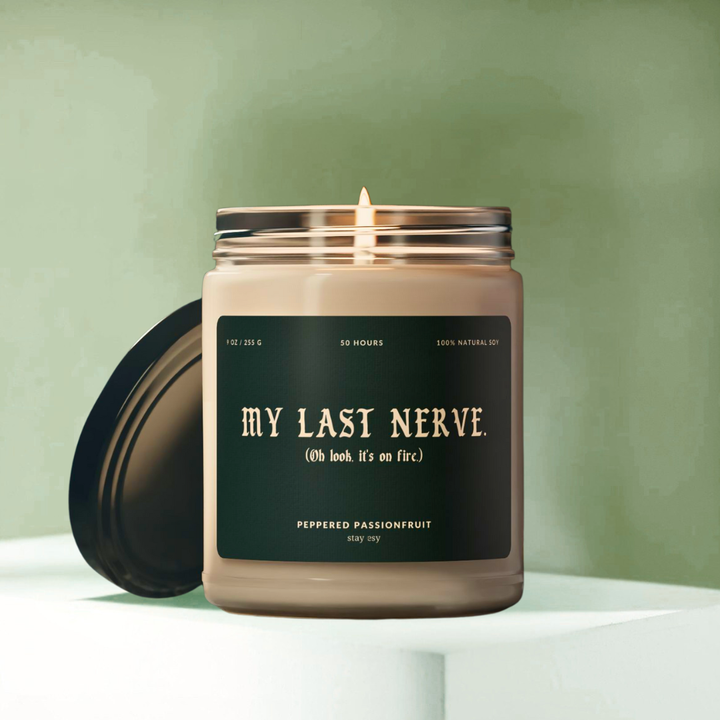 Candle in a jar labeled 'My Last Nerve' with a green background