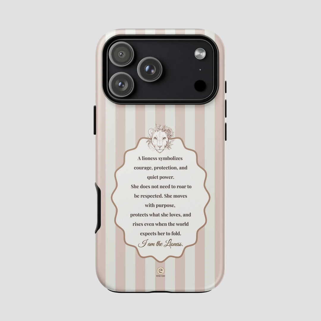 I Am the Lioness pink striped vintage tough iPhone case with floral lioness affirmation by Stay Esy
