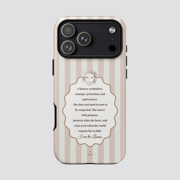 I Am the Lioness pink striped vintage tough iPhone case with floral lioness affirmation by Stay Esy
