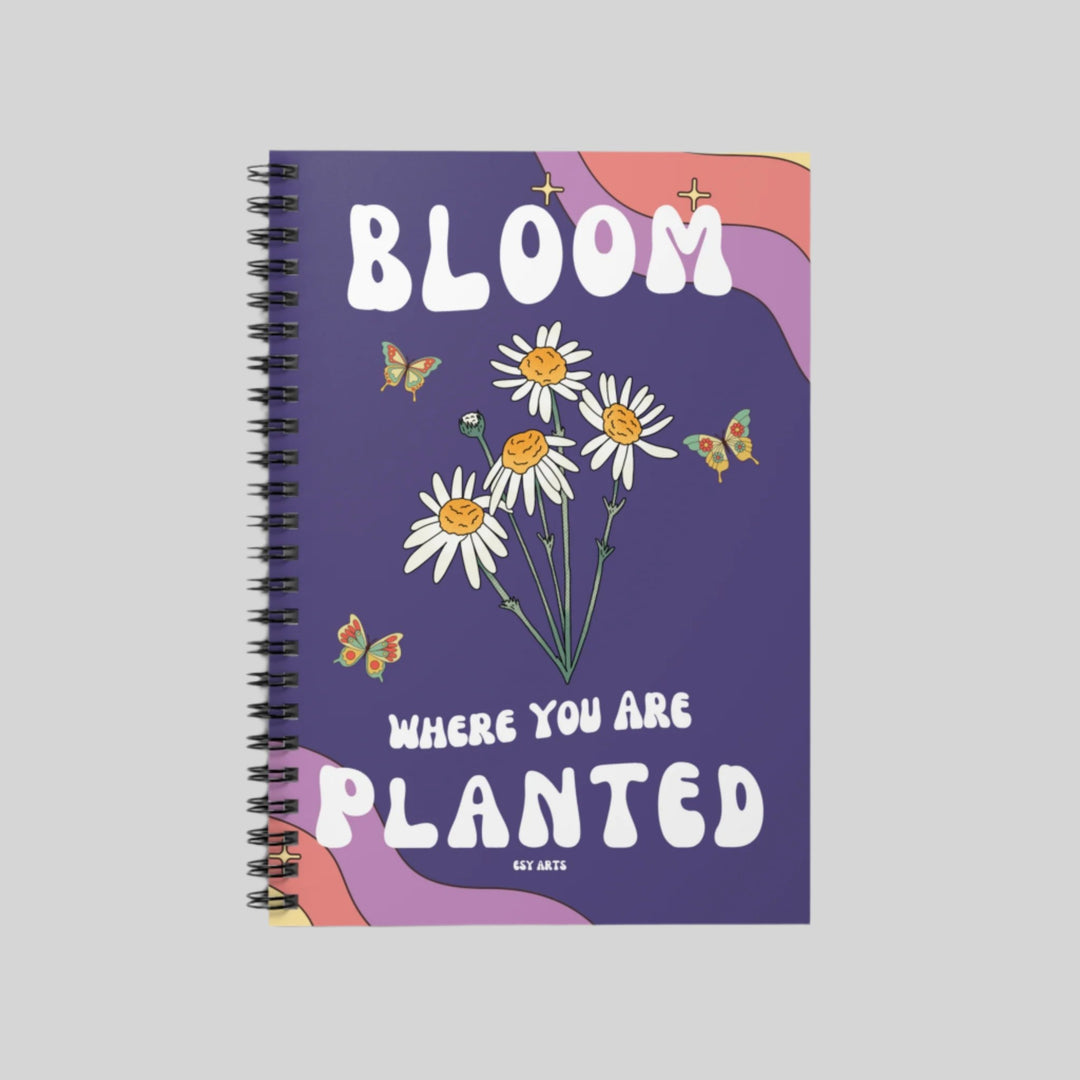 Inspirational spiral notebook mockup with Bloom message cover