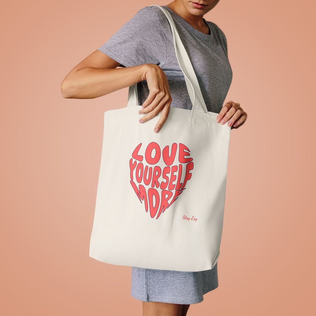 Love Yourself More Heart Tote Bag — Inspirational Cotton Shopper