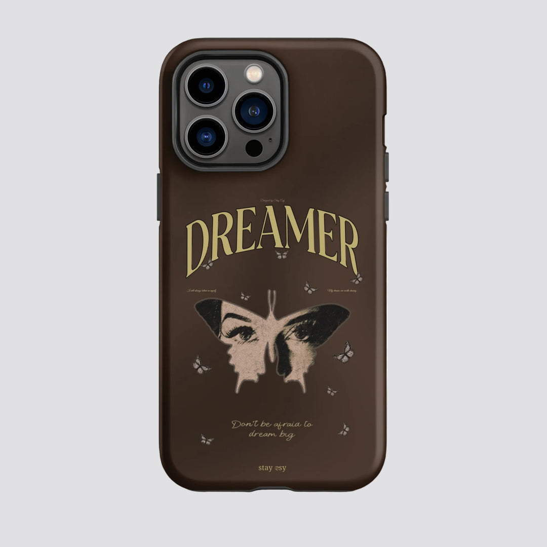 Dreamer brown vintage butterfly tough iPhone case with do not be afraid to dream big affirmation by Stay Esy