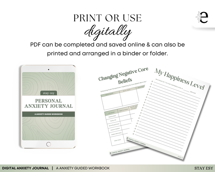Digital Anxiety Journal | Self Care Guided Journal for Mental Health | Therapy Journal PDF | Self-Healing Workbook | Anxiety Relief Planner