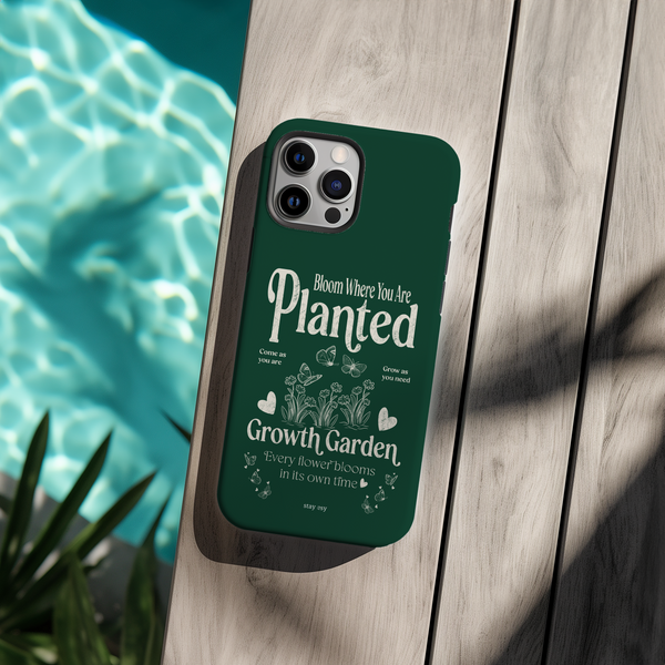 Bloom Where You Are Planted forest green tough iPhone case with growth garden illustration by Stay Esy
