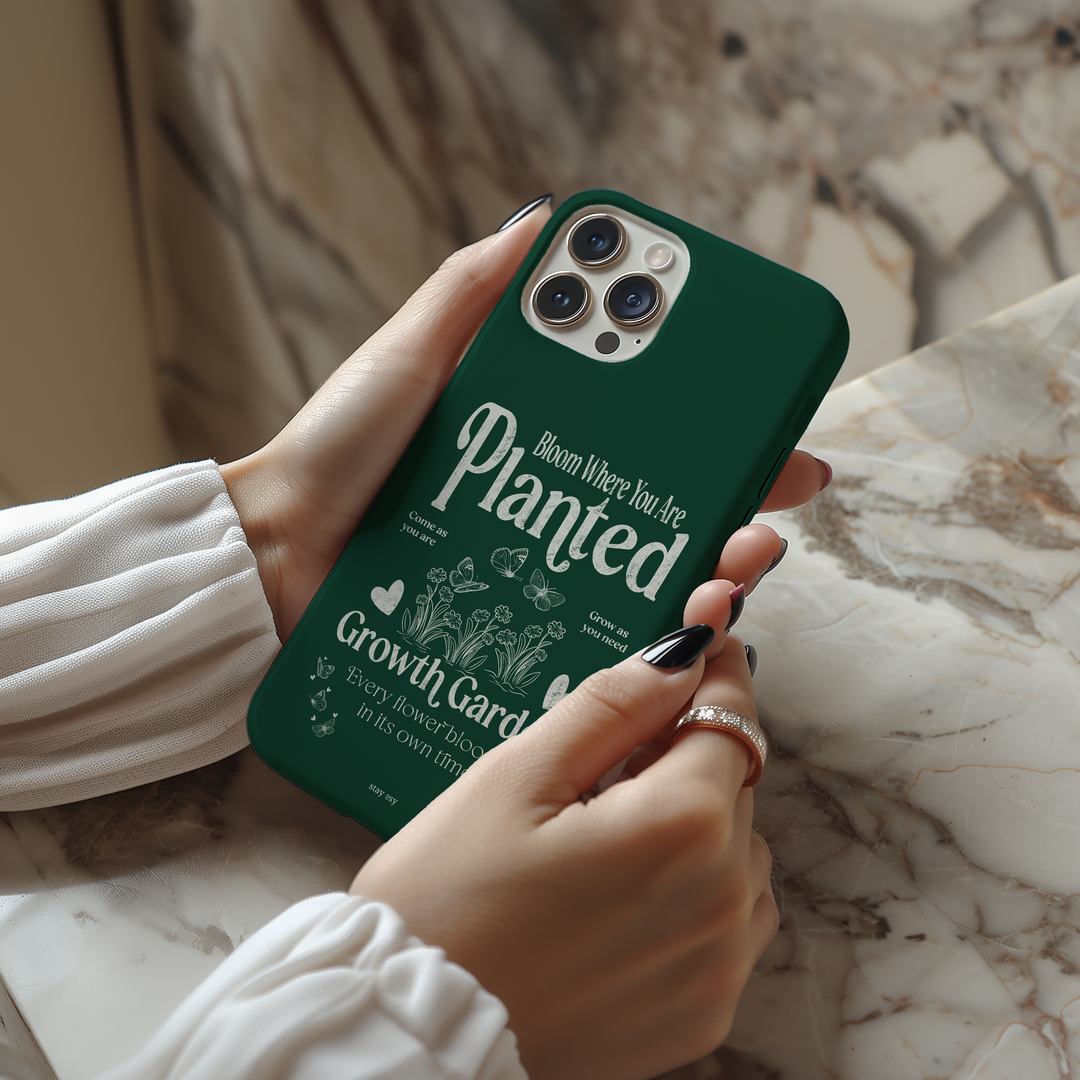 Bloom Where You Are Planted forest green tough iPhone case with growth garden illustration by Stay Esy
