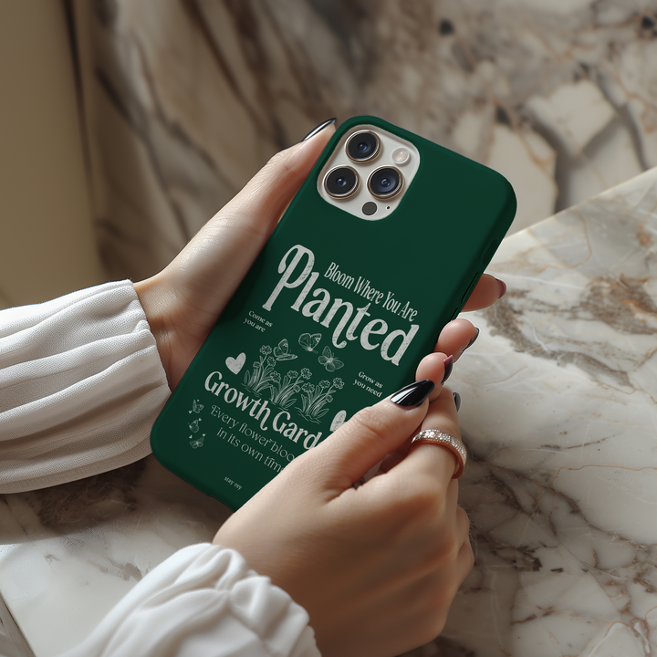 Bloom Where You Are Planted forest green tough iPhone case with growth garden illustration by Stay Esy

