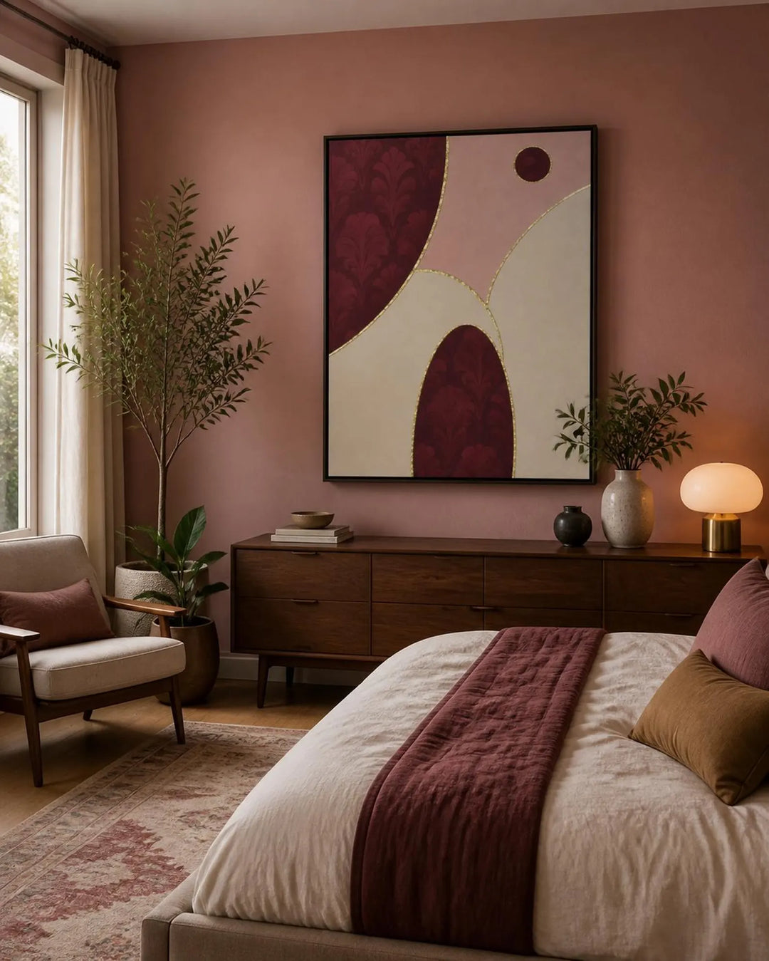 Blossom burgundy and beige abstract framed canvas with organic gold linework and floral-inspired shapes