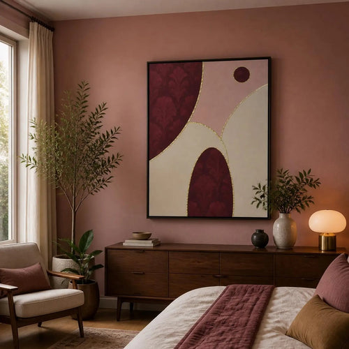 Blossom burgundy and beige abstract framed canvas with organic gold linework and floral-inspired shapes