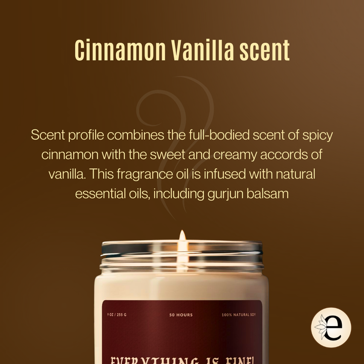 Candle with cinnamon vanilla scent description on a brown background