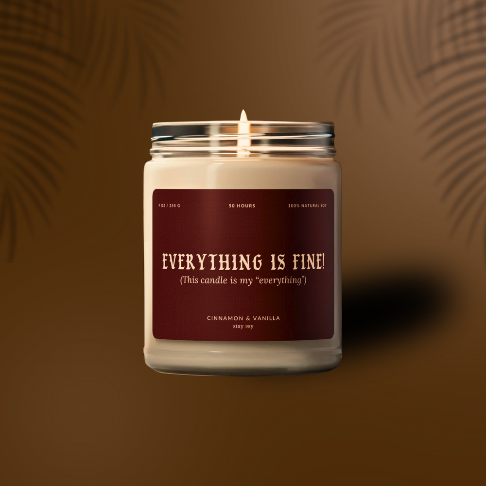 Candle in a glass jar with a label on a brown background